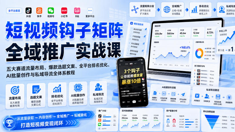 短视频钩子矩阵全域推广实战课|五大赛道流量布局、爆款选题文案、全平台排名优化、AI批量创作与私域导流全体系教程-我爱发帖