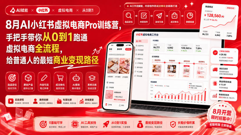 8月AI小红书虚拟电商Pro训练营,手把手带你从0到1跑通虚拟电商全流程,给普通人的最短商业变现路径-皮皮网创
