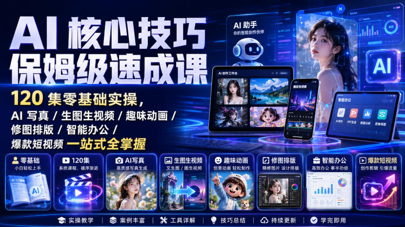 AI核心技巧保姆级速成课｜120集零基础实操，AI写真/生图生视频/趣味动画/修图排版/智能办公/爆款短视频一站式全掌握(更新)-旺仔资源库