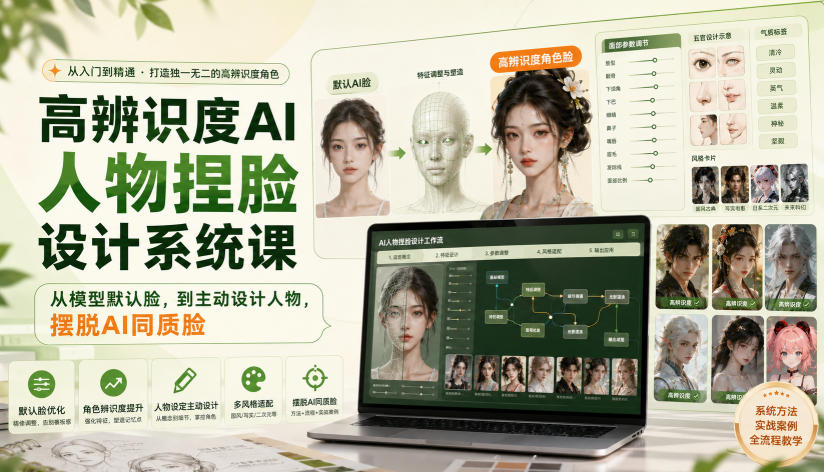 高辨识度AI人物捏脸设计系统课，从模型默认脸，到主动设计人物，摆脱AI同质脸-旺仔资源库