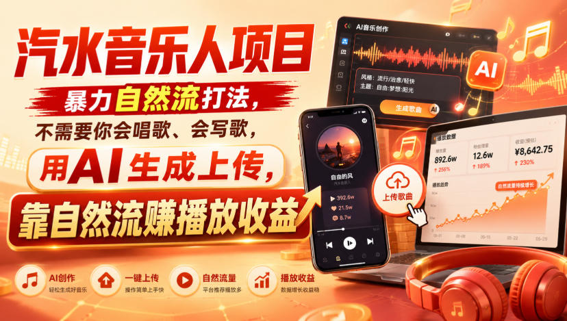 汽水音乐人项目，暴力自然流打法，不需要你会唱歌、会写歌，用AI生成上传，靠自然流賺播放收益｜焦圣希 18818568866