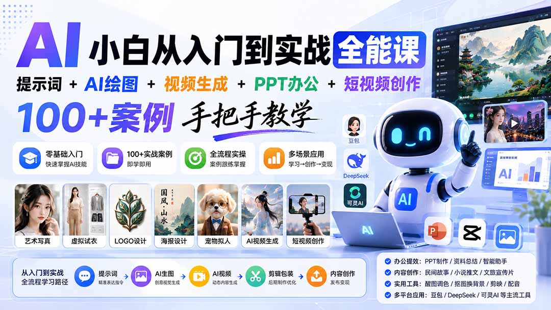 AI小白从入门到实战全能课：提示词+AI绘图+视频生成+PPT办公+短视频创作，100+案例手把手教学-旺仔资源库