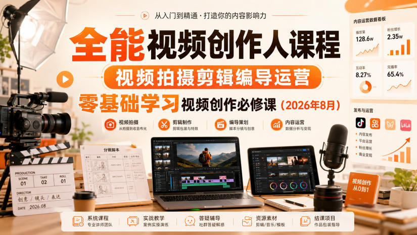 全能视频创作人课程，视频拍摄剪辑编导运营，零基础学习视频创作必修课(2026年8月)-我爱发帖