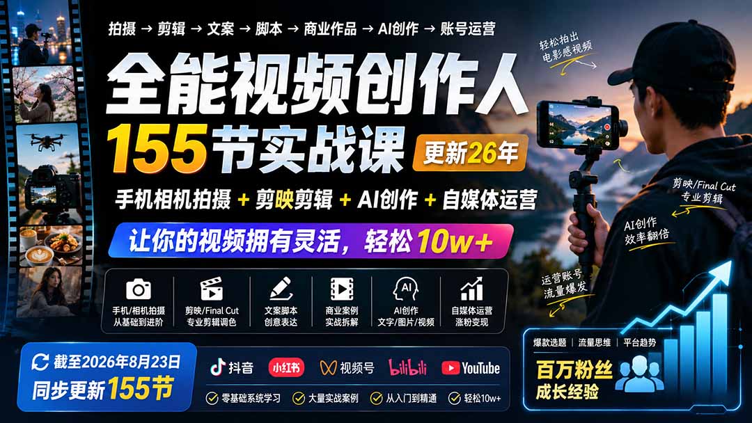 全能视频创作人155节实战课-更新26年8月：手机相机拍摄+剪映剪辑+AI创作+自媒体运营，让你的视频拥有灵活，轻松10w-我爱发帖