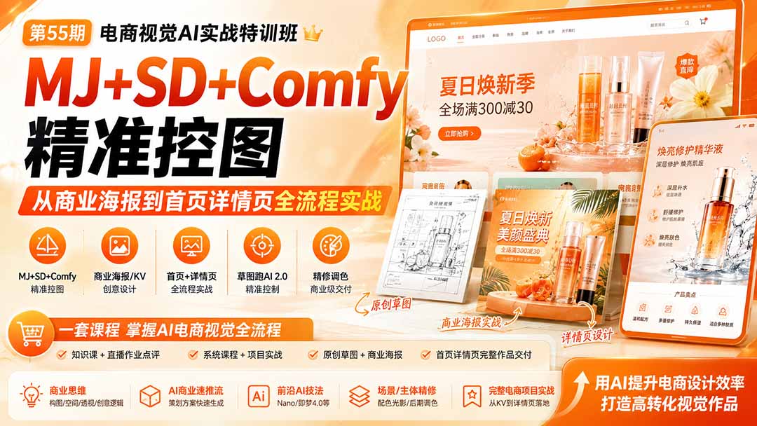 电商视觉 AI实战训练营第55期：MJ+SD+Comfy精准控图，从商业海报到首页详情页全流程实战-旺仔资源库