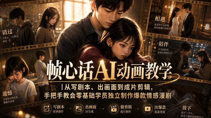 帧心话AI动画教学｜从写剧本、出画面到成片剪辑，手把手教会零基础学员独立制作爆款情感漫剧-我爱发帖