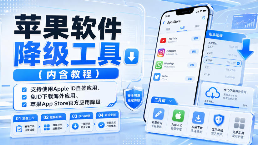 苹果软件降级工具(内含教程)，支持使用Apple ID自签应用、免ID下载海外应用、苹果App Store官方应用降级等-吾爱自习网