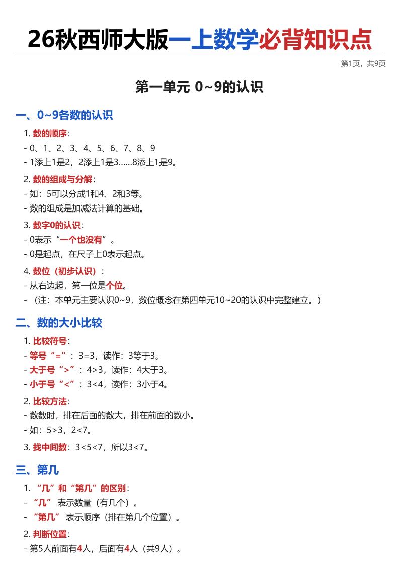 26秋西师大版一上数学·必背知识点（全册）｜焦圣希 18818568866