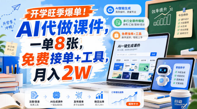 开学旺季爆单!AI代做课件,一单8张,免费接单+工具,月入2W【揭秘】-旺仔资源库