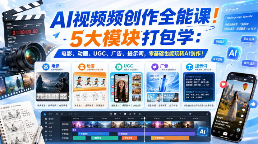 AI视频频创作全能课!5大模块打包学:电影、动画、UGC、广告、提示词,零基础也能玩转AI创作!【原创双语字幕】-旺仔资源库
