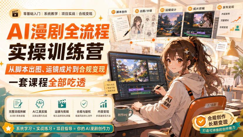 AI漫剧全流程实操训练营,从脚本出图、运镜成片到合规变现,一套课程全部吃透-旺仔资源库