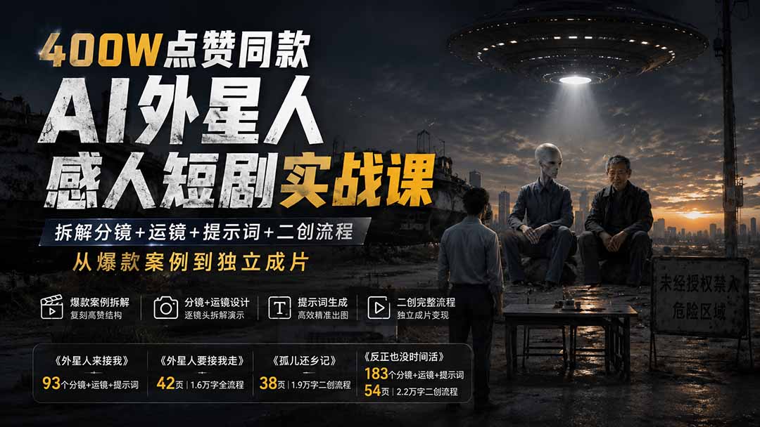 400W点赞同款AI外星人感人短剧实战课：拆解分镜+运镜+提示词+二创流程，从爆款案例到独立成片-我爱发帖