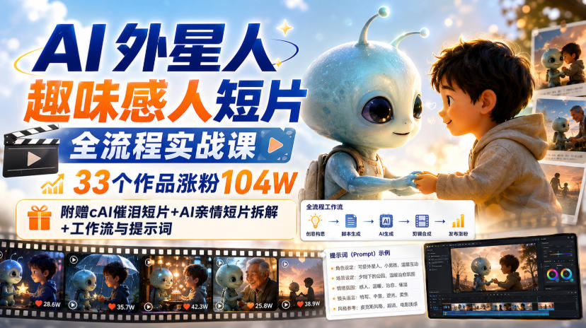 AI外星人趣味感人短片全流程实战课，33个作品涨粉104W，附赠AI催泪短片+AI亲情短片拆解+工作流与提示词-我爱发帖