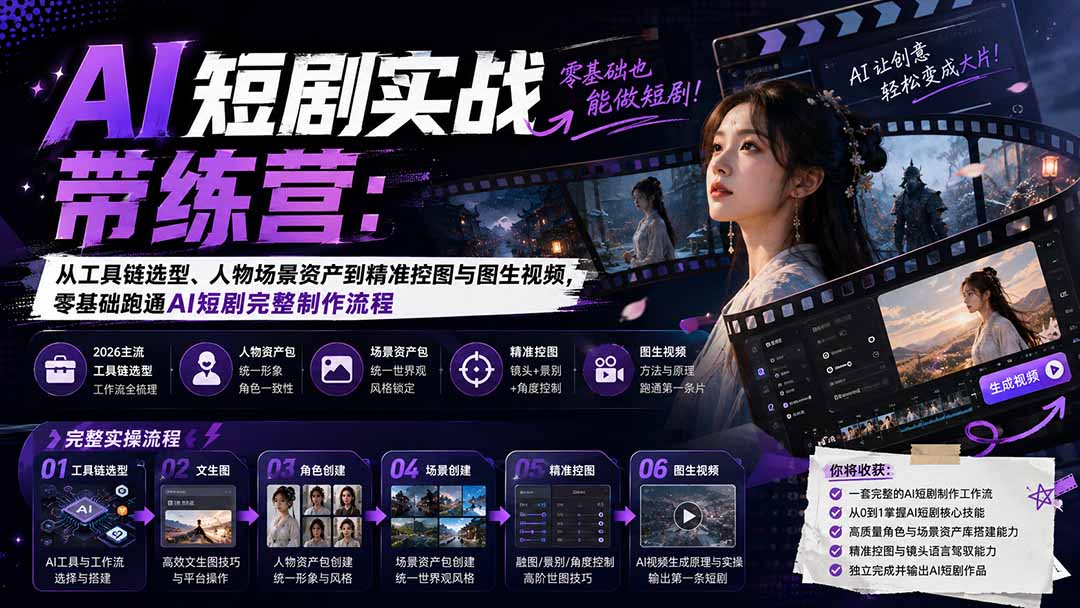 AI短剧实战训练营：从工具链选型、人物场景资产到精准控图与图生视频，零基础跑通AI短剧完整制作流程-旺仔资源库
