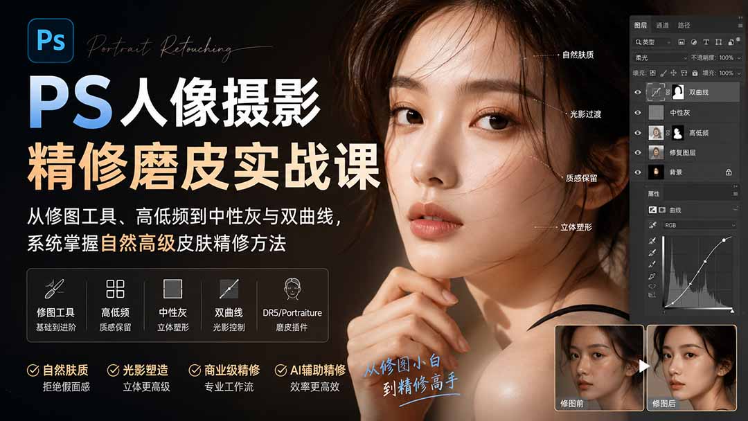 PS人像摄影精修磨皮实战课：从修图工具、高低频到中性灰与双曲线，系统掌握自然高级皮肤精修方法-旺仔资源库