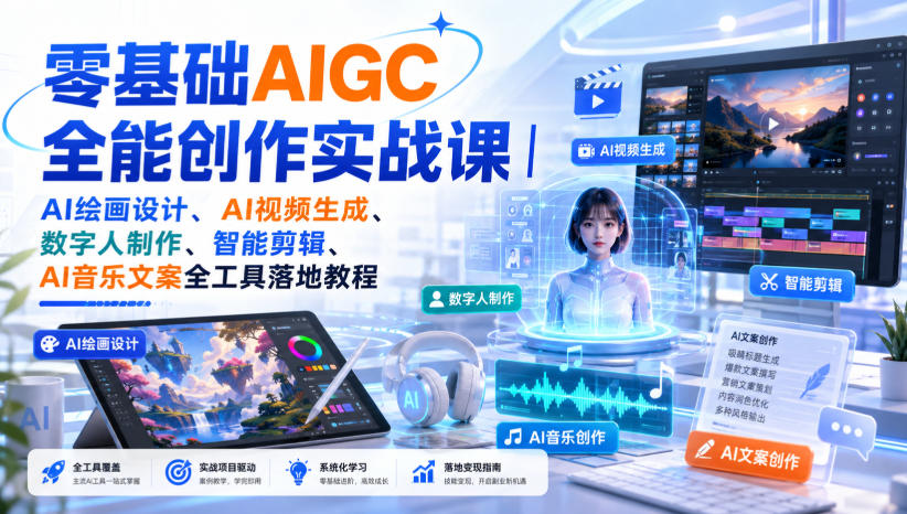 零基础AIGC全能创作实战课|AI绘画设计、AI视频生成、数字人制作、智能剪辑、AI音乐文案全工具落地教程-旺仔资源库
