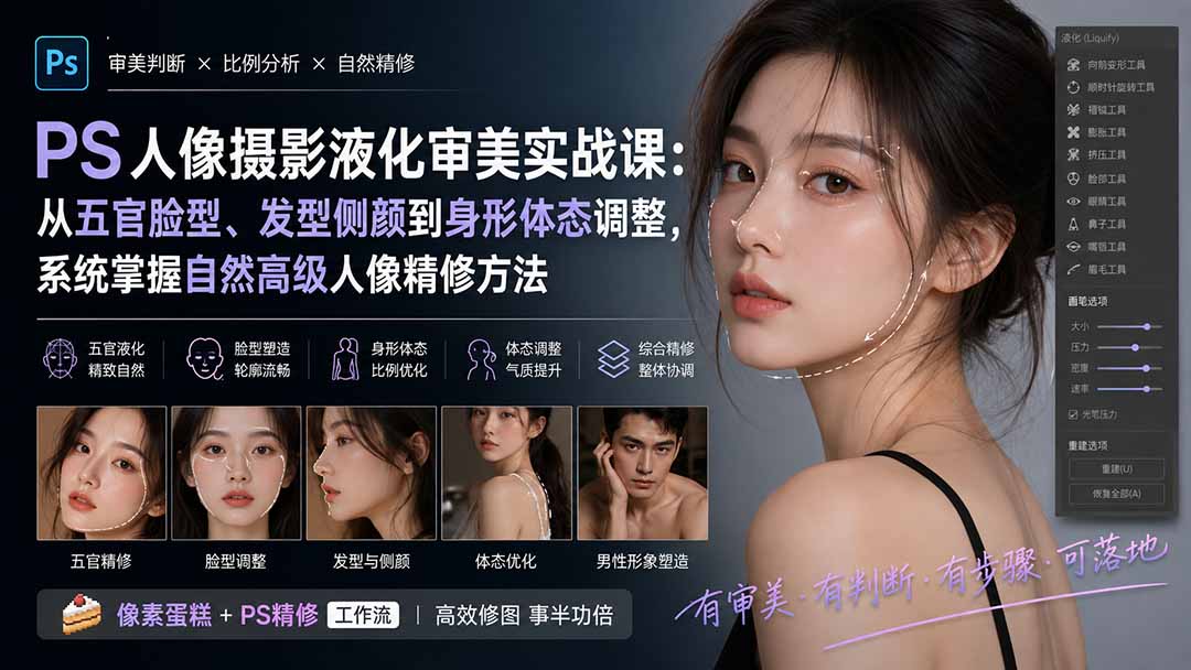PS人像摄影液化审美实战课：从五官脸型、发型侧颜到身形体态调整，系统掌握自然高级人像精修方法-旺仔资源库