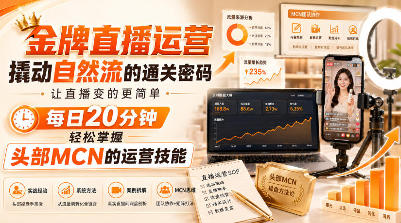 金牌直播运营撬动自然流的通关密码,让直播变的更简单,每日20分钟,轻松掌握头部MCN的运营技能-旺仔资源库