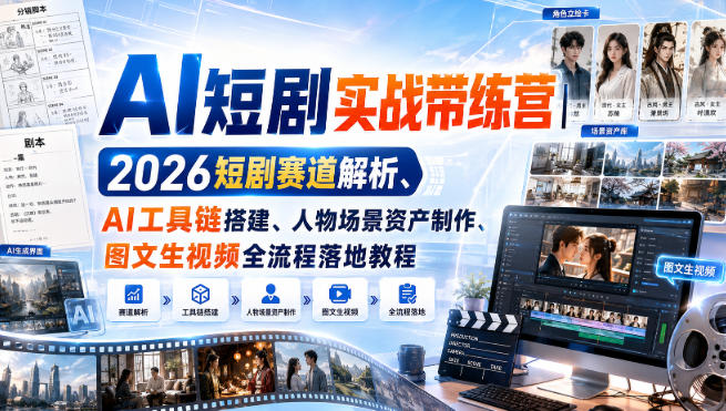 AI短剧实战带练营｜2026短剧赛道解析、AI工具链搭建、人物场景资产制作、图文生视频全流程落地教程-旺仔资源库