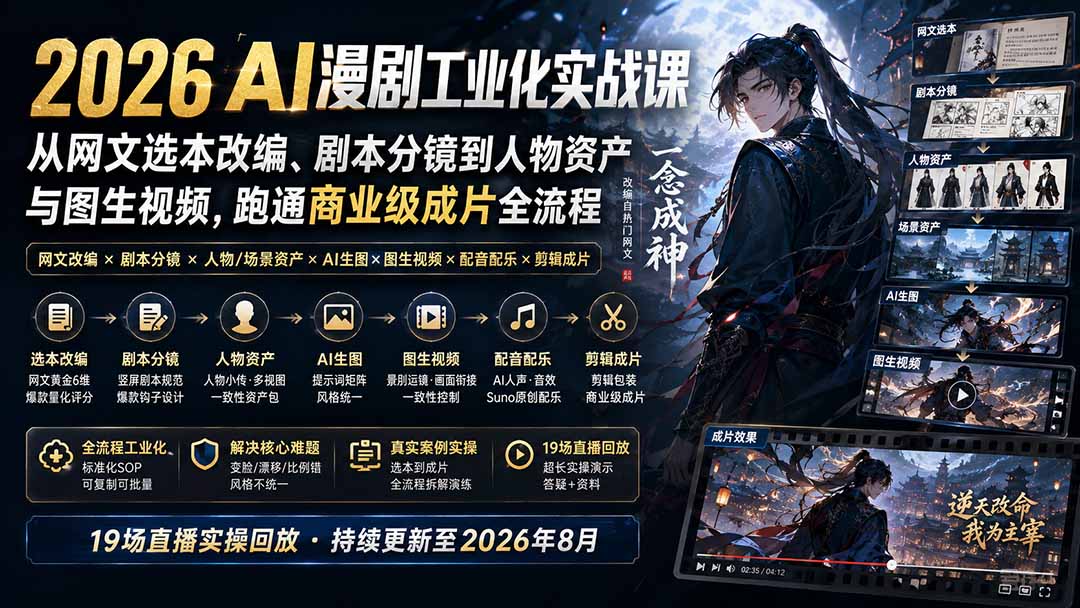 2026 AI漫剧工业化实战课-更新:从网文选本改编、剧本分镜到人物资产与图生视频,跑通商业级成片全流程采购|汽车产业|汽车配件|机加工企业家交流社群中心