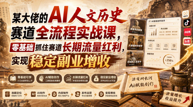 某大佬的AI人文历史赛道全流程实战课，零基础抓住赛道长期流量红利，实现稳定副业增收-我爱发帖