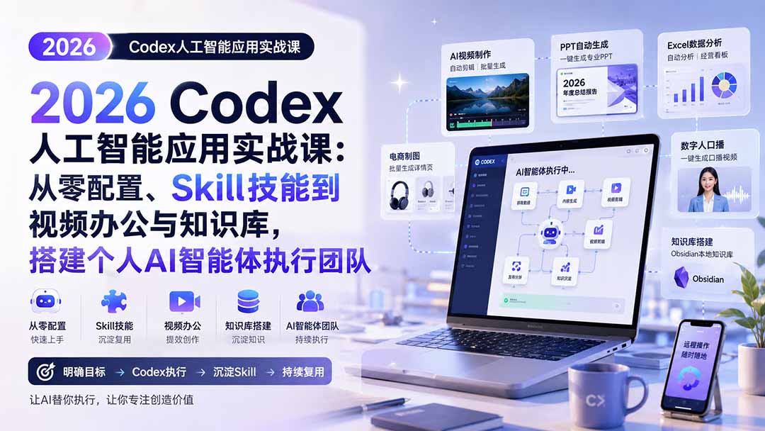 2026 Codex人工智能应用实战课：从零配置、Skill技能到视频办公与知识库，搭建个人AI智能体执行团队-旺仔资源库