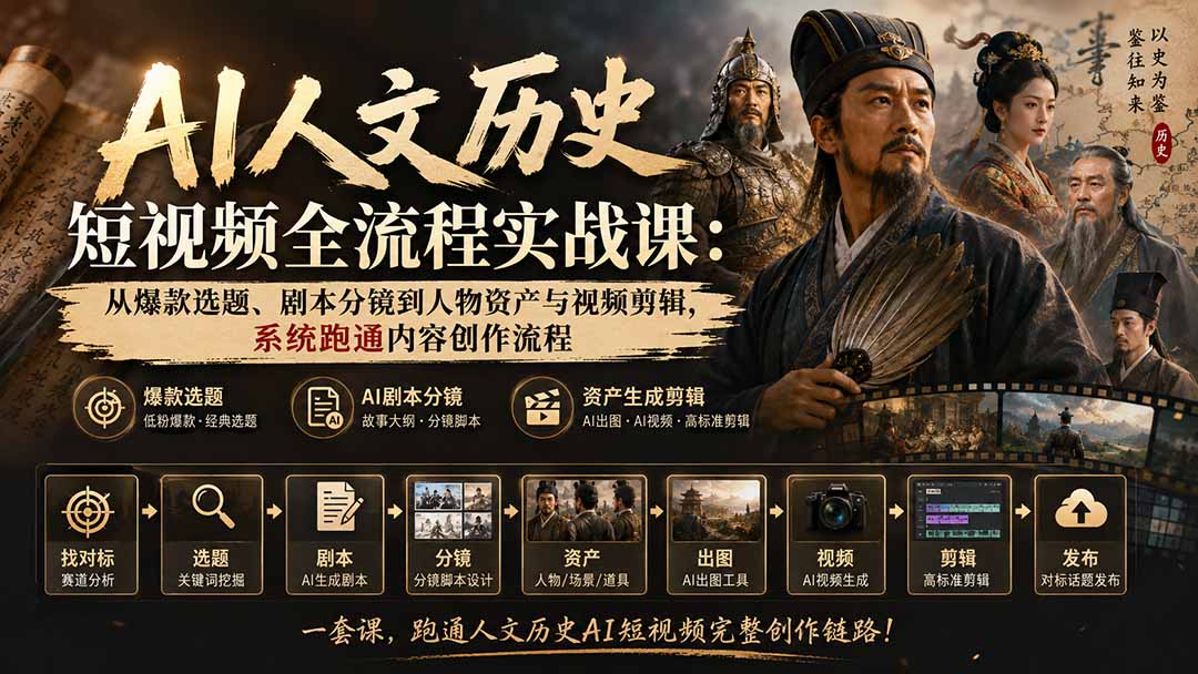 AI人文历史短视频全流程实战课:从爆款选题、剧本分镜到人物资产与视频剪辑,系统跑通内容创作流程-旺仔资源库