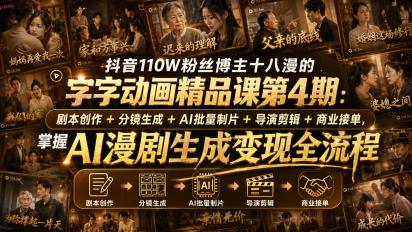抖音110W粉丝博主十八漫的字字动画精品课第4期：剧本创作+分镜生成+剪辑+商业接单，掌握AI漫剧生成变现全流程-旺仔资源库