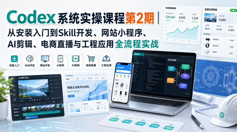 Codex系统实操课程第2期|从安装入门到Skill开发、网站小程序、AI剪辑、电商直播与工程应用全流程实战-旺仔资源库