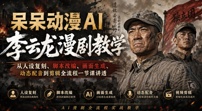 呆呆动漫AI李云龙漫剧教学，从人设复刻、脚本改编、画面生成、动态配音到剪辑全流程一节课讲透-旺仔资源库