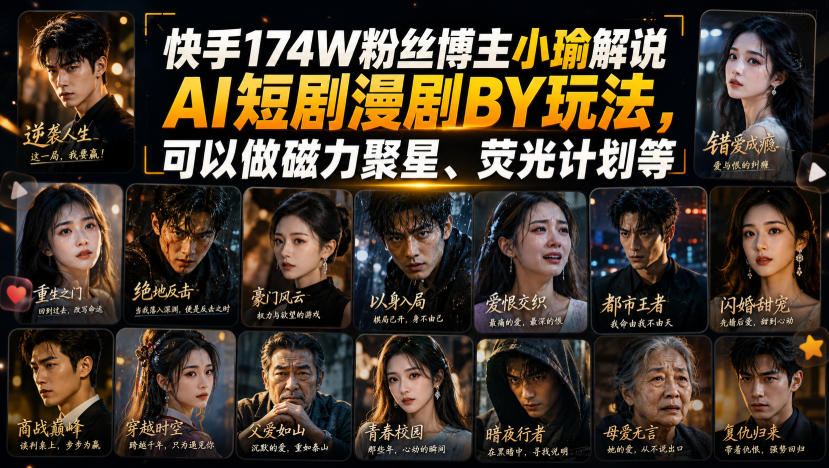 快手174W粉丝博主小瑜解说AI短剧漫剧搬运玩法,可以做磁力聚星、荧光计划等-旺仔资源库