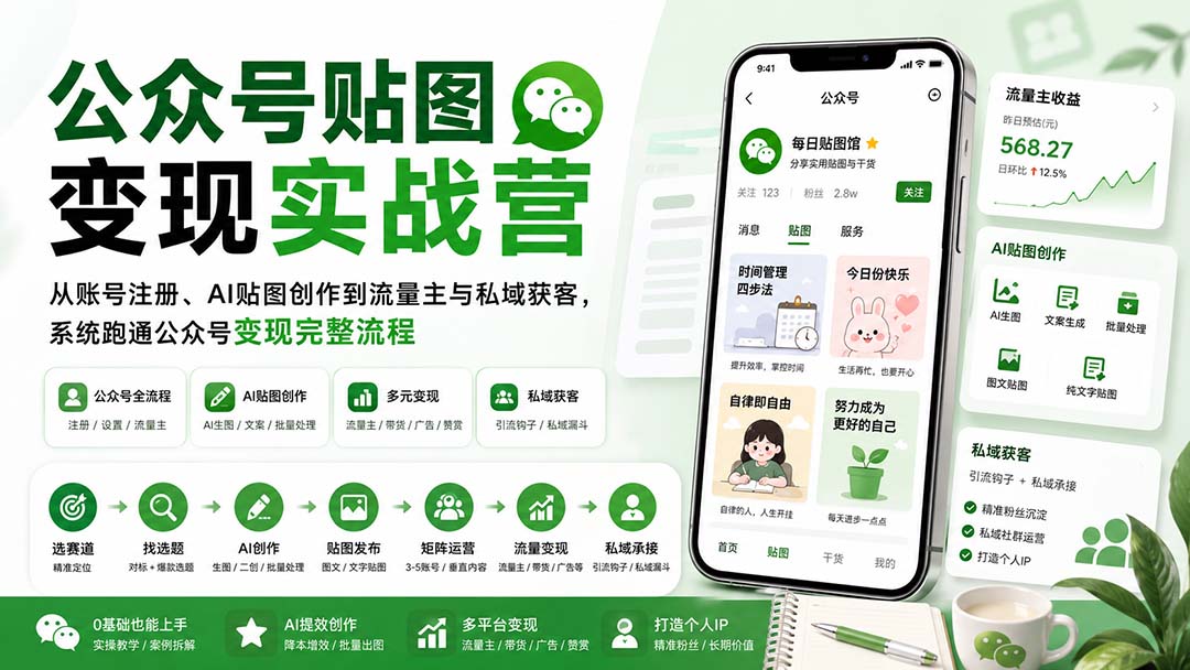 公众号贴图变现实战营：从账号注册、AI贴图创作到流量主与私域获客，系统跑通公众号变现完整流程｜焦圣希 18818568866