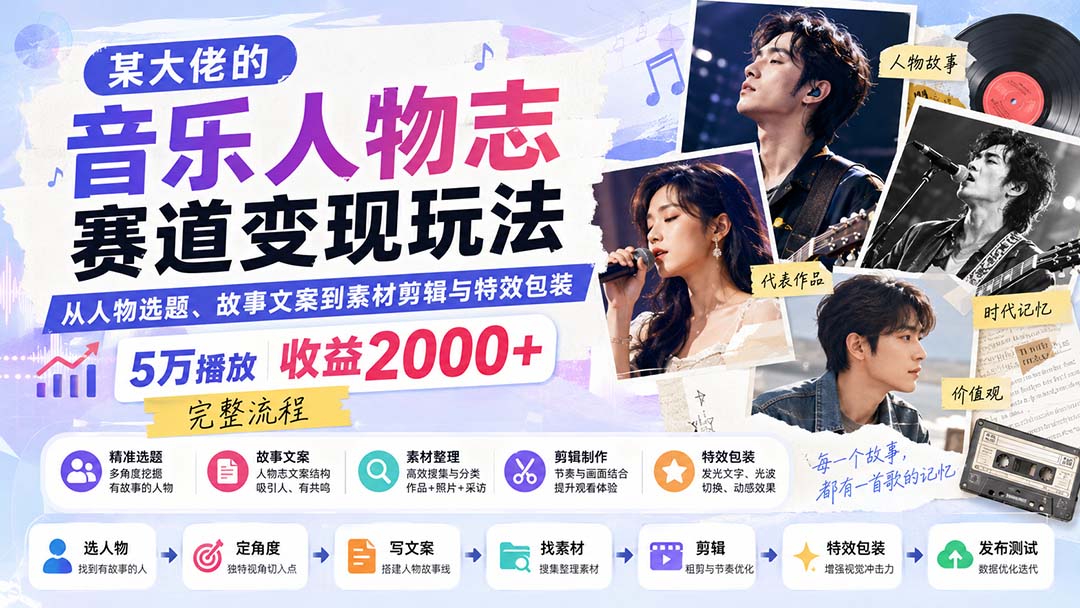 某大佬的音乐人物志赛道变现玩法:从人物选题、故事文案到素材剪辑与特效包装,5万播放收益2000+完整流程-旺仔资源库