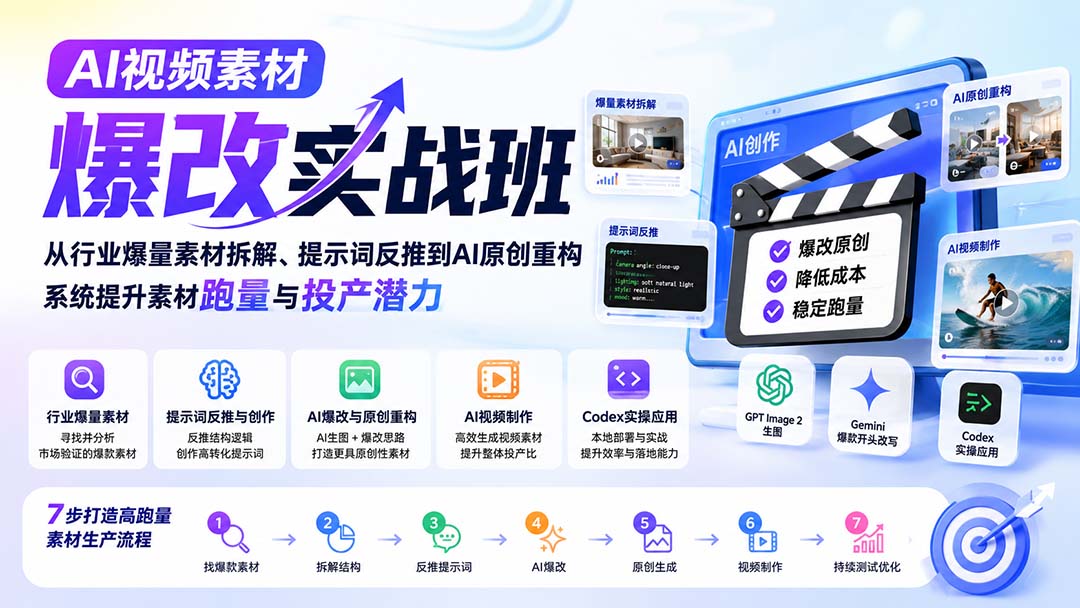 AI视频素材爆改实战班-更新8月:从行业爆量素材拆解、提示词反推到AI原创重构,系统提升素材跑量与投产潜力-旺仔资源库