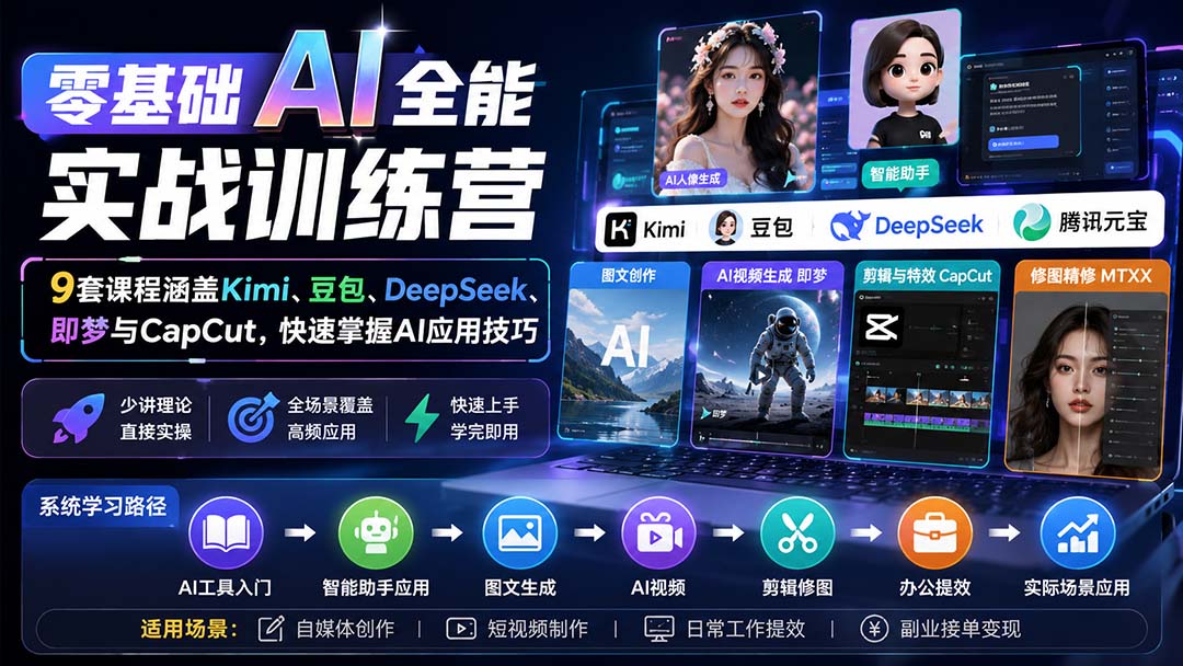 零基础AI全能实战训练营：9套课程涵盖Kimi、豆包、DeepSeek、即梦与CapCut，快速掌握AI应用技巧-吾爱自习网