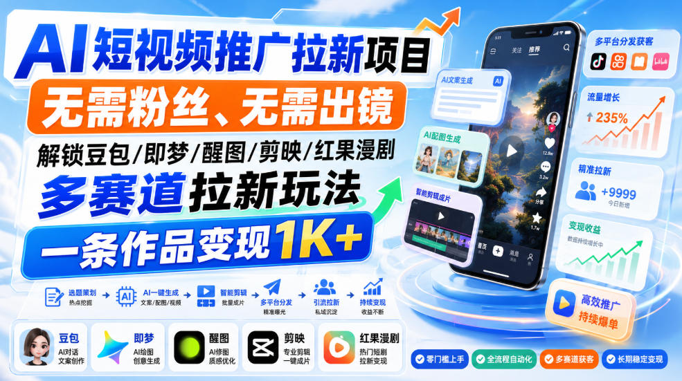 AI短视频推广拉新项目，无需粉丝、无需出镜，解锁豆包/即梦/醒图/剪映/红果漫剧多赛道拉新玩法，一条作品变现1K+-谷进海小站