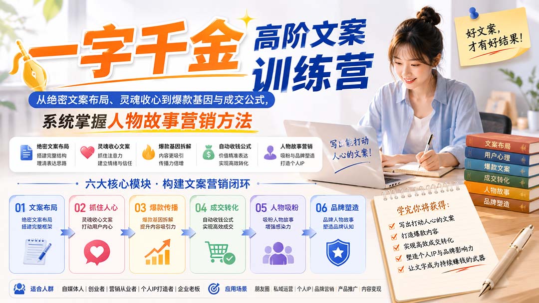 一字千金高阶文案训练营:从绝密文案布局、灵魂收心到爆款基因与成交公式,系统掌握人物故事营销方法采购|汽车产业|汽车配件|机加工企业家交流社群中心