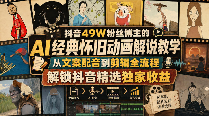 抖音49W粉丝博主的AI经典怀旧动画解说教学，从文案配音到剪辑全流程，解锁抖音精选独家收益-谷进海小站