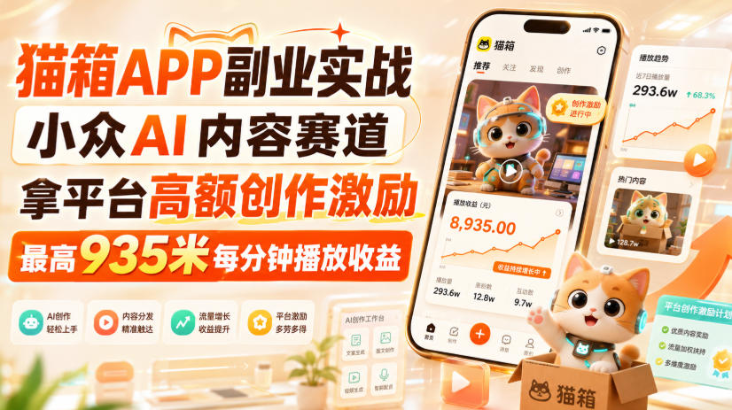 猫箱APP副业实战，小众AI内容赛道，拿平台高额创作激励，最高935米每分钟播放收益-旺仔资源库