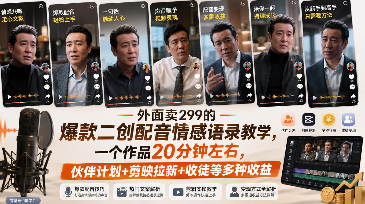 外面卖299的爆款二创配音情感语录教学，一个作品20分钟左右，伙伴计划+剪映拉新+收徒等多种收益-谷进海小站