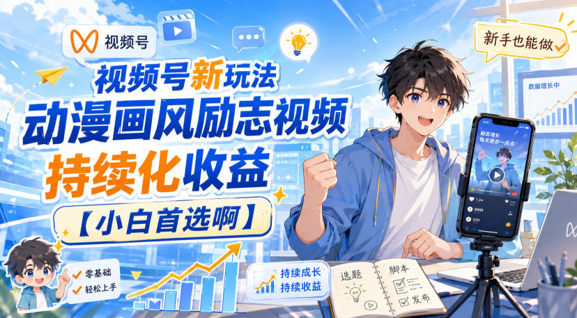 视频号新玩法动漫画风励志视频,持续化收益【小白首选啊】-旺仔资源库