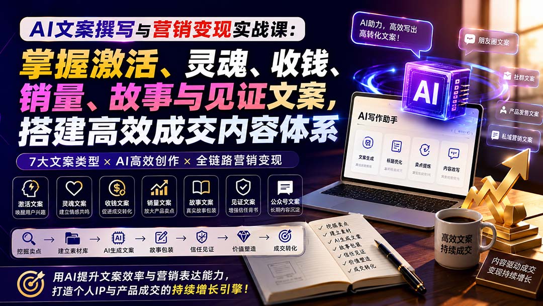 AI文案撰写与营销变现实战课：掌握激活、灵魂、收钱、销量、故事与见证文案，搭建高效成交内容体系-旺仔资源库
