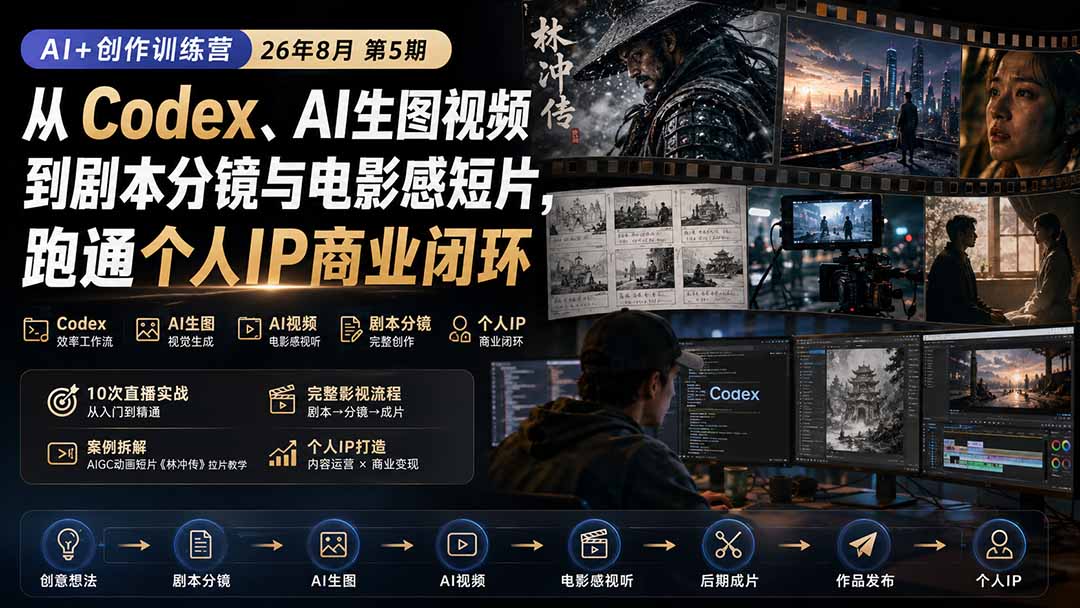 AI+创作训练营26年8月第5期:从Codex、AI生图视频到剧本分镜与电影感短片,跑通个人IP商业闭环-旺仔资源库