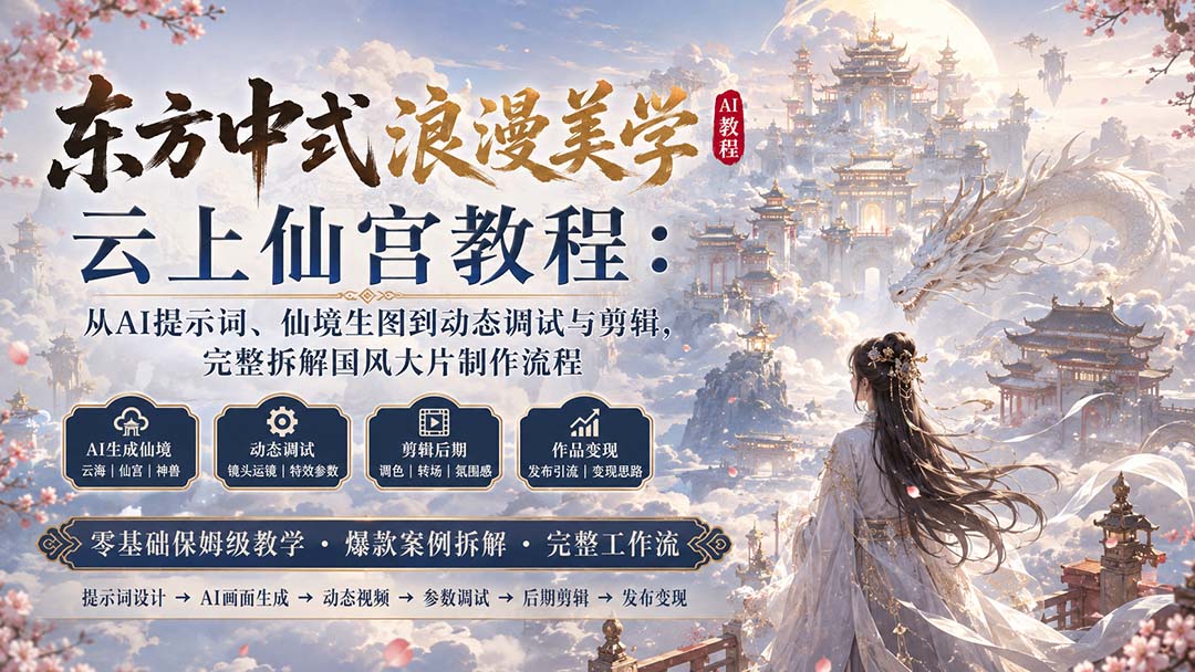 东方中式浪漫美学云上仙宫教程：从AI提示词、仙境生图到动态调试与剪辑，完整拆解国风大片制作流程｜焦圣希 18818568866
