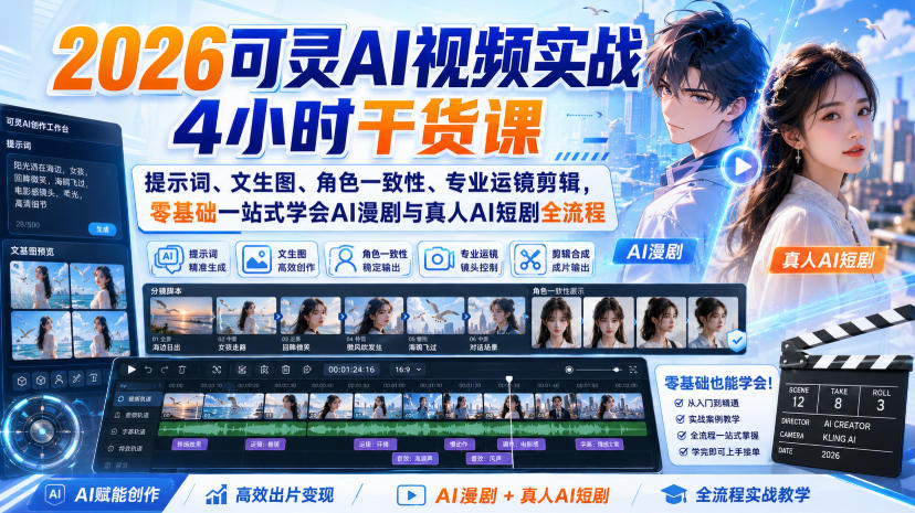 2026可灵AI视频实战4小时干货课｜提示词、文生图、角色一致性、专业运镜剪辑，零基础一站式学会AI漫剧与真人AI短剧全流程-我爱发帖