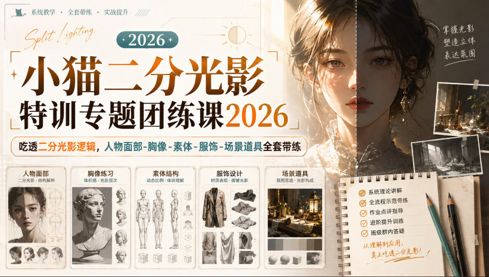 小猫二分光影特训专题团练课2026｜吃透二分光影逻辑，人物面部‑胸像‑素体‑服饰‑场景道具全套带练，高清画质附赠课件与笔刷-我爱发帖