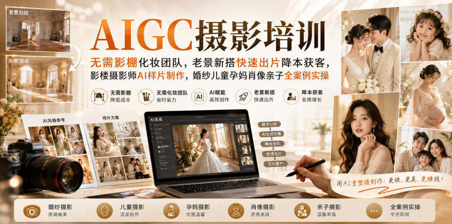 AIGC摄影培训｜无需影棚化妆团队，老景新搭快速出片降本获客，影楼摄影师AI样片制作，婚纱儿童孕妈肖像亲子全案例实操-我爱发帖