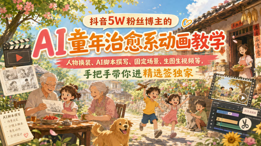 抖音5W粉丝博主的AI童年治愈系动画教学,人物换装、AI脚本撰写、固定场景、生图生视频等,手把手带你进精选签独家-旺仔资源库