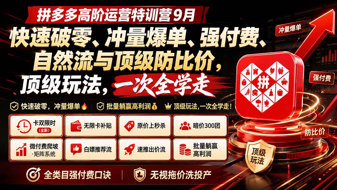 拼多多高阶运营特训营9月：快速破零、冲量爆单、强付费、自然流与顶级防比价， 顶级玩法，一次全学走-旺仔资源库