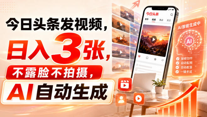 今日头条发视频，日入3张，不露脸不拍摄，AI自动生成-吾爱自习网